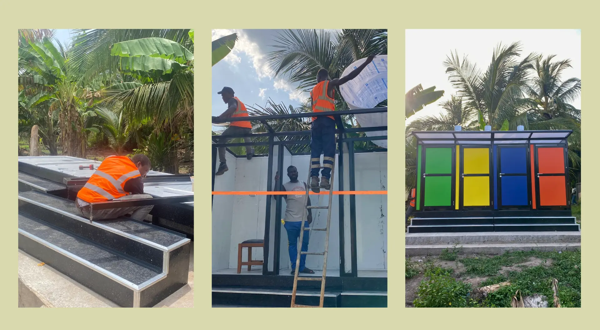 Building a WASH unit: foundation work, assembly of frame, walls and roof, and the finished block with four doors
